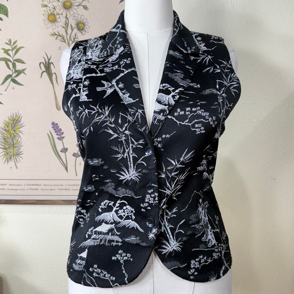 Vintage 90s Y2k Chico's Black White Embroidered Asian Inspired Print Vest M